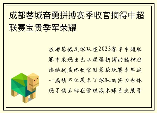 成都蓉城奋勇拼搏赛季收官摘得中超联赛宝贵季军荣耀 成都蓉城奋勇拼搏赛季收官摘得中超联赛宝贵季军荣耀